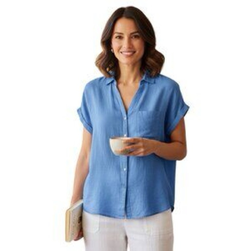 Rachel Zoe 100% Linen Button Down Shirt Blue Short Sleeve | Size S